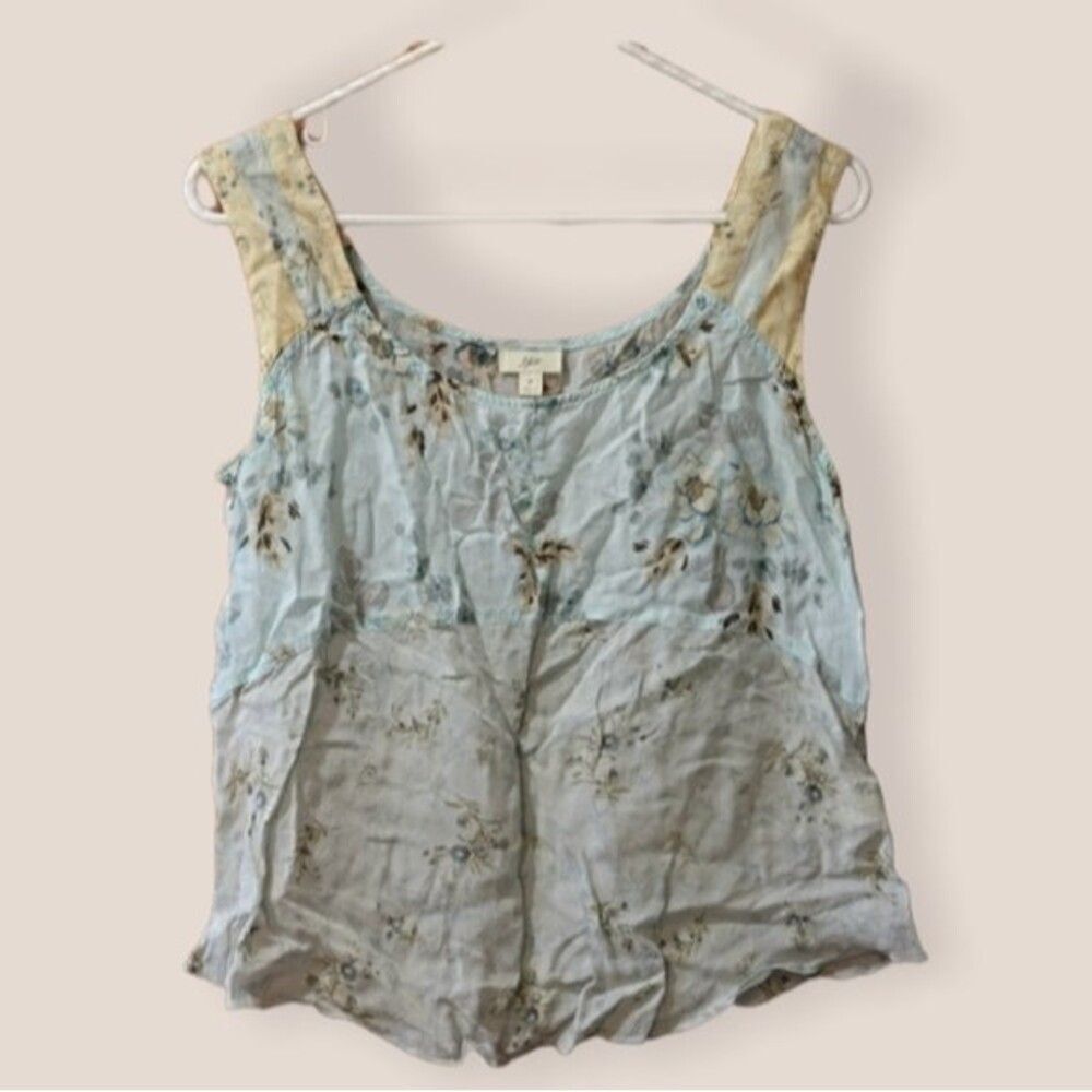J. Jill Light Blue Floral Tank Top with Pale Yellow Accents